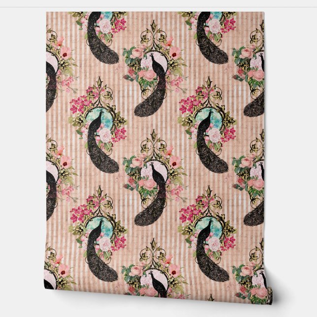Papel Pintado Viejo pavo real floral rayado rosado azul negro go (Desenrollar)