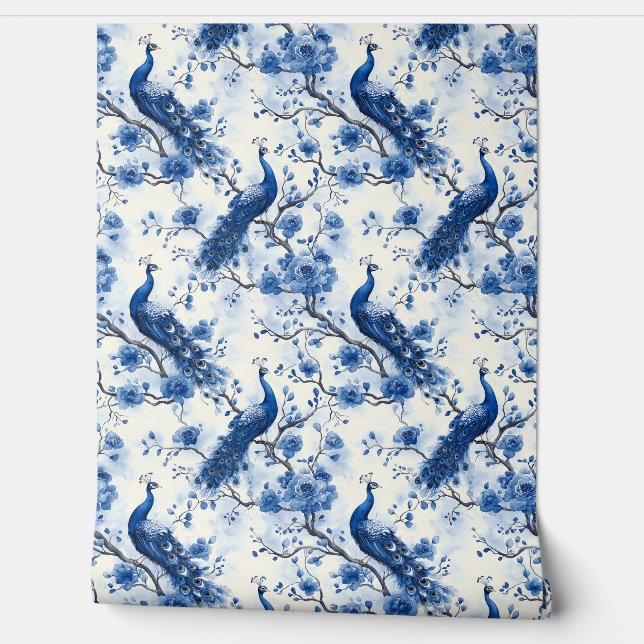 Papel Pintado Viñage Blue Chinoiserie Peacock Boho (Desenrollar)