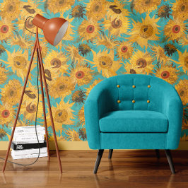 Papel Pintado Vincent Van Gogh Girasoles Azul Teal Amarillo