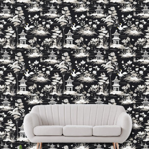 Papel Pintado Viñeta Chinoiserie Asiática Pagoda Pájaro Blanco N