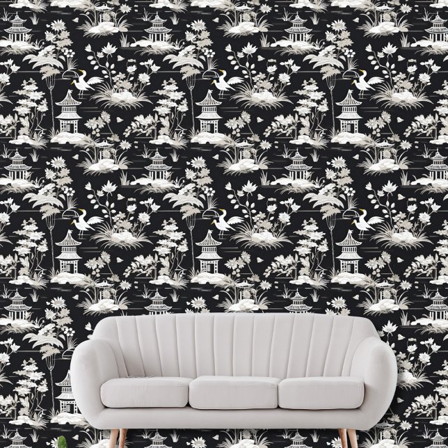 Papel Pintado Viñeta Chinoiserie Asiática Pagoda Pájaro Blanco N (Subido por el creador)