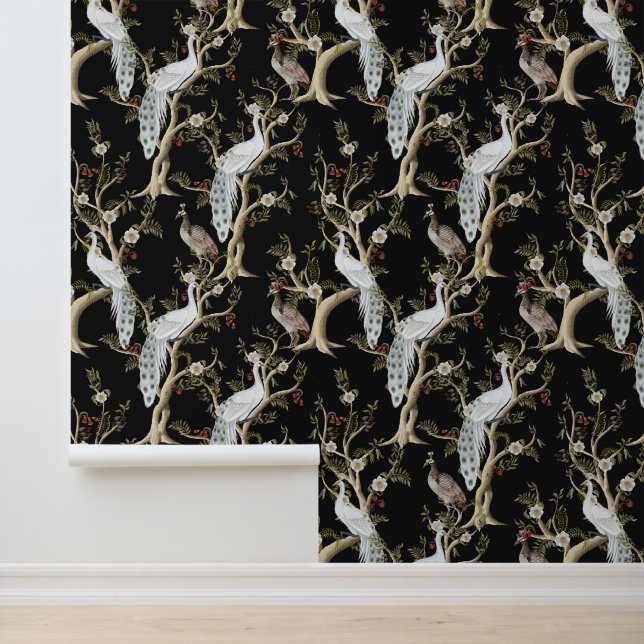 Papel Pintado Viñeta Chinoiserie White Peacock Peony Negro (Solicitud)