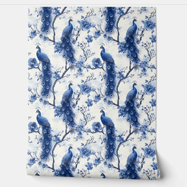 Papel Pintado Viñeta Delft Blue Chinoiserie francesa Peacock (Desenrollar)