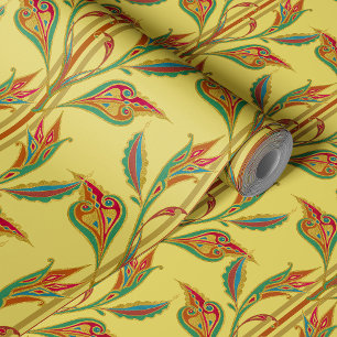 Papel Pintado Vino de fantasía de oro, hojas rojas y verdes