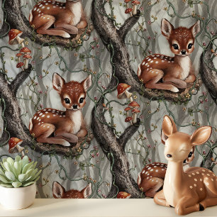Papel Pintado Vintage Bebé Ciervo con Hongos Guardería