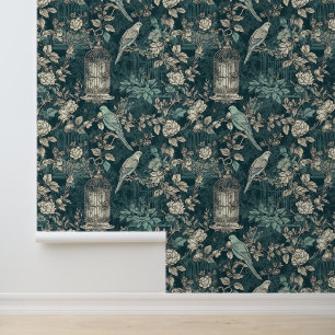 Papel Pintado Vintage Bird Cage Floral Crema verde Verde azulada