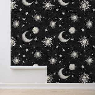 Papel Pintado Vintage Black Chalkboard Night Sky Stars & Moons