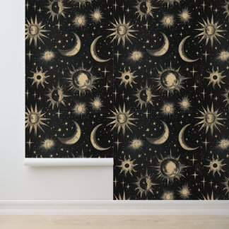 Papel Pintado Vintage Black Chalkboard Night Sky Stars & Moons