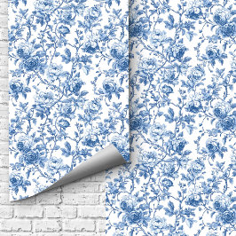 Papel Pintado Vintage Blue French Toile Roses Floral Wallpaper  