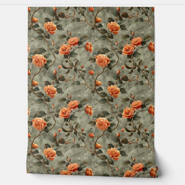 Papel Pintado Vintage chic naranja rosas arenoso vegetación (Desenrollar)