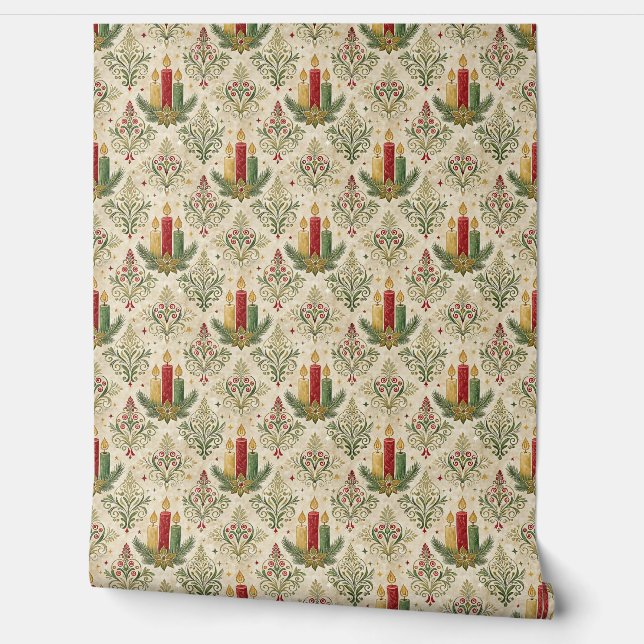 Papel Pintado Vintage Christmas Candle Damask Pattern  (Desenrollar)