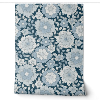 Papel Pintado Vintage Navy y Steel Blue Groovy Floral Boho