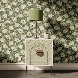 Papel Pintado Vintage Poppy in cream sage olive green 