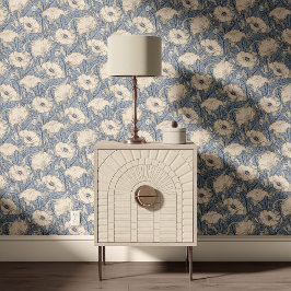Papel Pintado Vintage Poppy in cream slate blue beige grey 