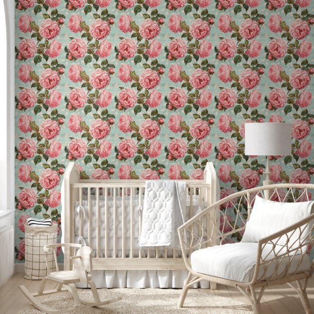 Papel Pintado Vintage Roses Rosa Bebé Fondo Azul (Niños)