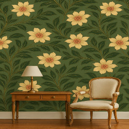 Papel Pintado Vintage Sage Green Yellow Botanical Floral