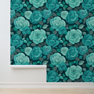 Papel Pintado Vintage victoriano Verde azulado Rosas de escalada