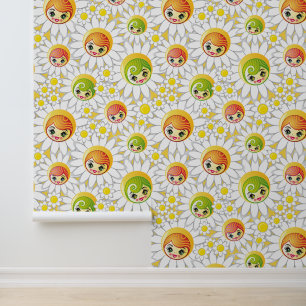Papel Pintado Vintage Yellow and White Floral Daisy Doll Face