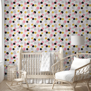 Papel Pintado Vivero de lunares rosados de acuarela negra y dora