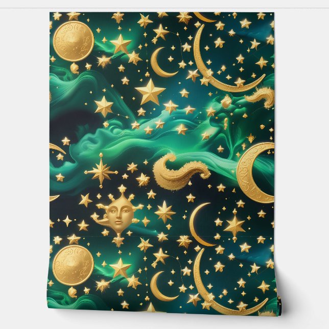 Papel Pintado Wallpaper - Emerald Celestial Moon Design (Desenrollar)
