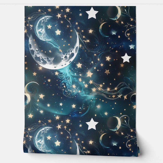 Papel Pintado Wallpaper - Icy Blue Celestial Moon Phases (Desenrollar)