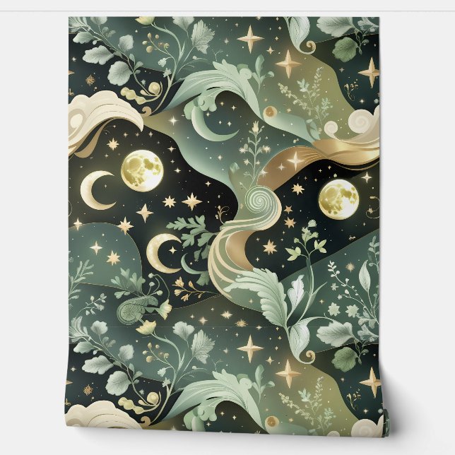 Papel Pintado Wallpaper - Sage Green Celestial Moon (Desenrollar)
