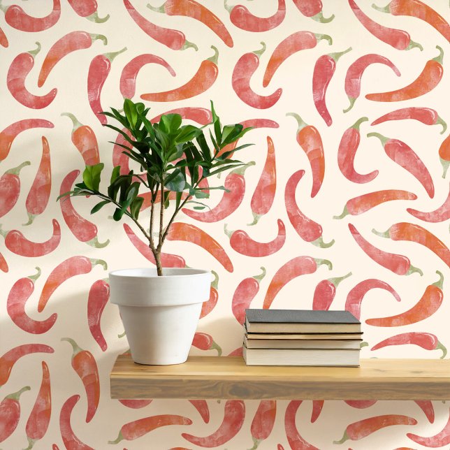 Papel Pintado Watercolor Chili Pepper Red Crema (Hot and spicy red chili pepper watercolor pattern art wallpaper)