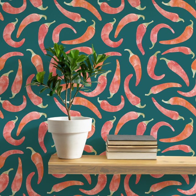 Papel Pintado Watercolor Chili Pepper Red Dark (Hot and spicy watercolor red chili peppers on a dark teal green background. Peel and stick wallpaper)