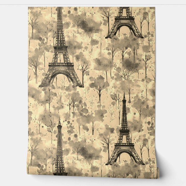 Papel Pintado Watercolor Eiffel Tower Paris Sepia (Desenrollar)