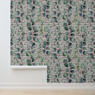 Papel Pintado Watercolor Eucalyptus Ladrillos Ramas de hojas ver