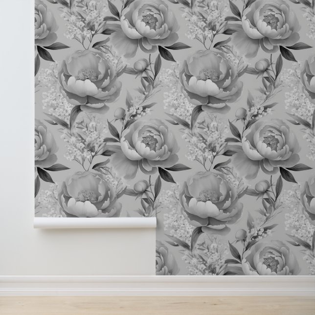 Papel Pintado Watercolor Floral Peonies Bebés Respiración Gris (Solicitud)