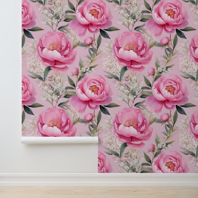 Papel Pintado Watercolor Floral Rosa Peonies Bebés Respiración (Solicitud)