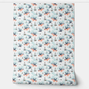 Papel Pintado Watercolor Hawaiano Hibiscus Palmas Florales