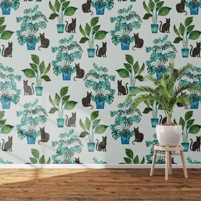 Papel Pintado Watercolor Negro Cat Monstera Houseplant Azul (Black cat with Monstera houseplant  art wallpaper)