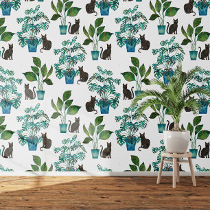 Papel Pintado Watercolor Negro Cat Monstera Houston