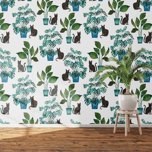 Papel Pintado Watercolor Negro Cat Monstera Houston (Black cat with monstera houseplants watercolor  art wallpaper)
