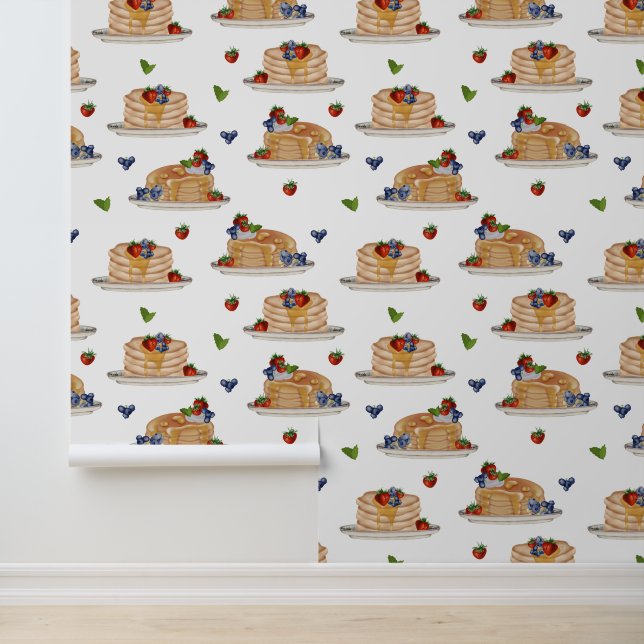Papel Pintado Watercolor Pancakes Berries Breakfast Kitchen (Solicitud)