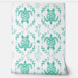 Papel Pintado Watercolor Sea Turtles and Coral in Mint Green