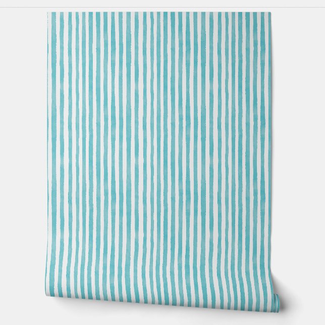 Papel Pintado Watercolor Turquoise Pinstripes (Desenrollar)