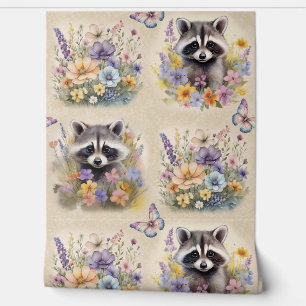 Papel Pintado Watercolor Woodland Animal Racoon Floral Butterfly