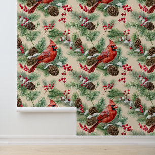 Papel Pintado Watercolor Woodland Snow Pine Branch Cardinal Bird