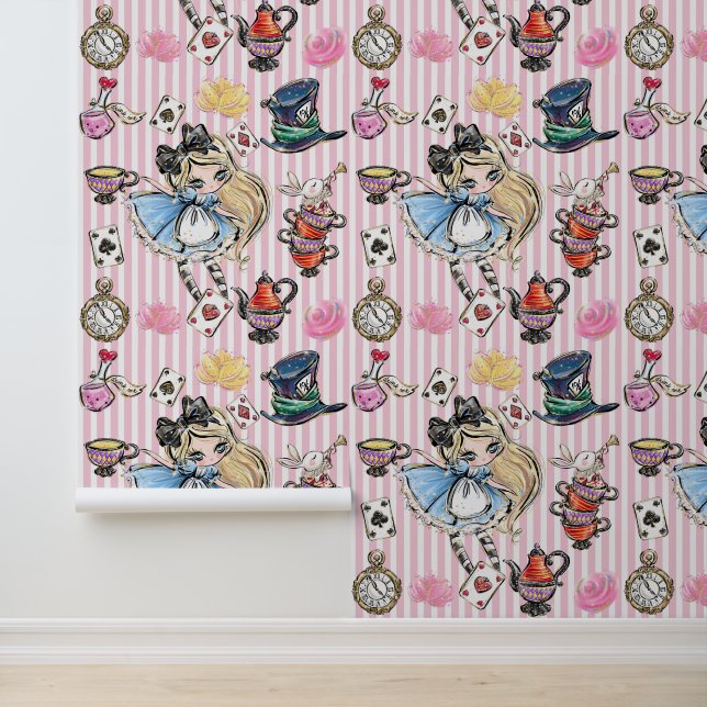 Papel Pintado Whimsical Alice Tea Party Pink Stripes Wallpaper (Solicitud)