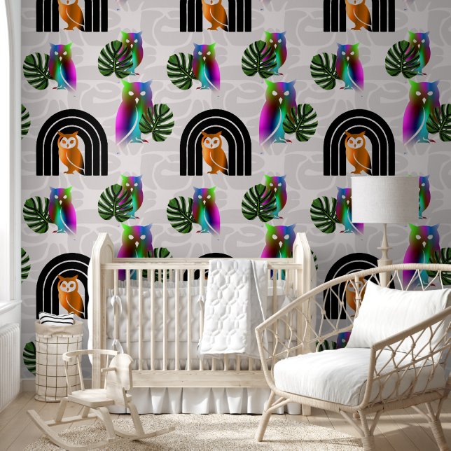 Papel Pintado Whimsical Boho Owl & Tropical Monstera Leaf (Niños)