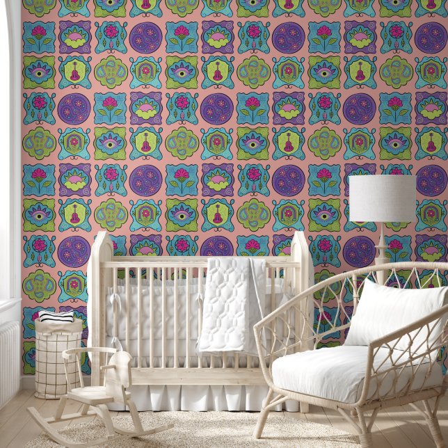 Papel Pintado Whimsical Jewel Tones mano dibujó el durazno de Bo (Niños)