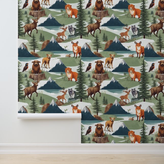 Papel Pintado Whimsical Mountain Adventure Animals Patrones Guay (Solicitud)
