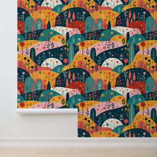 Papel Pintado Whimsical Rolling Hills Garden - Colorido Arte Pop