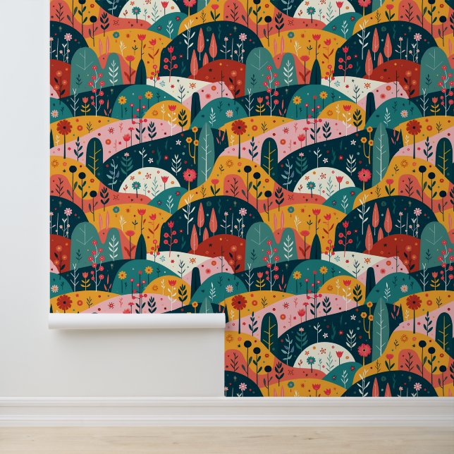 Papel Pintado Whimsical Rolling Hills Garden - Colorido Arte Pop (Solicitud)