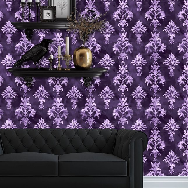 Papel Pintado Whimsigoth Antique Style Purple (Whimsigoth Dark Purple with Light Purple wallpaper behind a black couch and goth floating shelves)