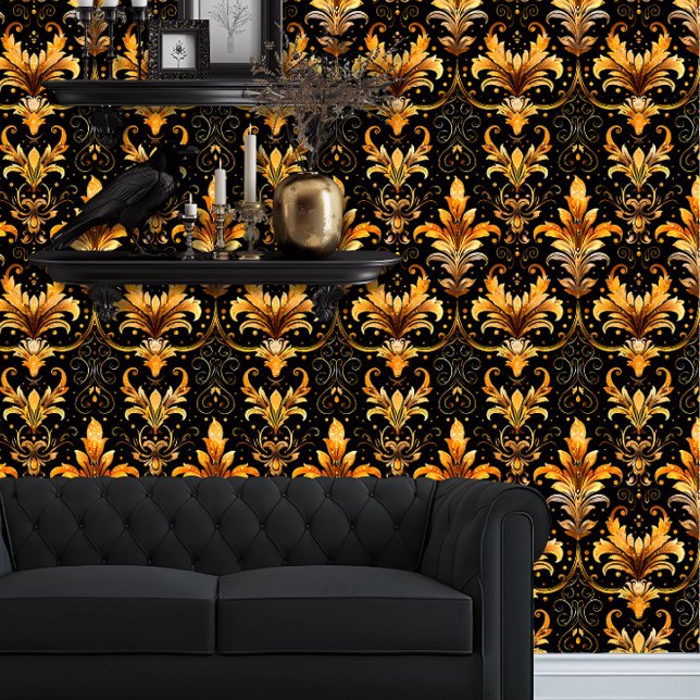 Papel Pintado Whimsigoth Black and Gold Fauna (Whimsigoth Yellow Damask on Black wallpaper behind a black couch.)