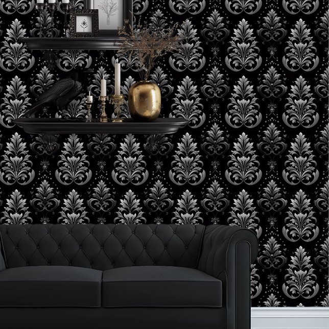 Papel Pintado Whimsigoth Black and Silver Intricate (Whimsigoth Gray Damask on black wallpaper behind a black couch.)